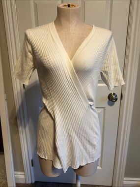Bailey White Ribbed Wrap-Front Short Sleeve Top